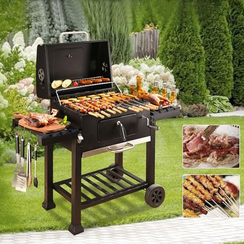 Triclicks Barbecue a carbonella, barbecue portatile con coperchio, indicatore di temperatura, tavolini e ruote, per giardino, picnic, feste, campeggio, cucina (01)