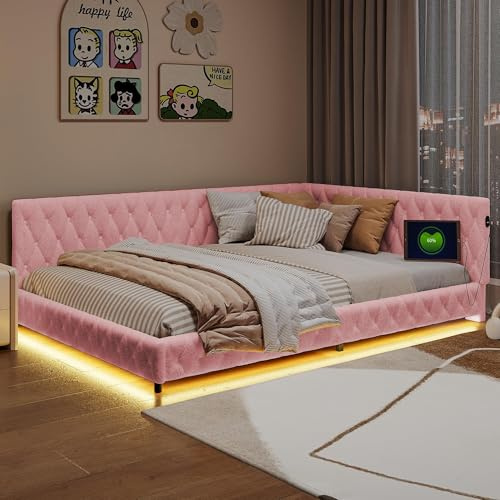 Mutuolux Polsterbett, 140 x 200 cm, Sofa aus Samt, Doppelbett mit LED-Beleuchtung und USB-Anschluss, (Matratze nicht im Lieferumfang enthalten), für Doppelbett, geeignet für Erwachsene und Jugendliche