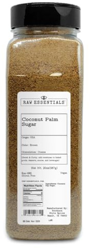 Raw Essentials Coconut Palm Sugar – Sweet and Nutty – Add to Baked Goods, Desserts, Sauces, and Beverages – 20 Ounce Bottle