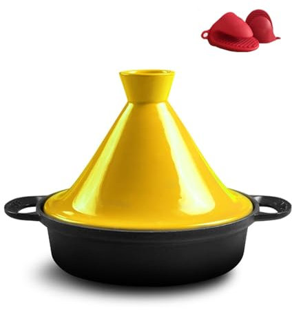 Cast Iron Moroccan Tagine Pot, Tajine Pot Moroccan with Tapered Lid, Cast Iron Enamel Casserole for Cooking, Compatible with Induction Cooktops Suitable Clay Pot Rice Stewed Meat (Color : Ye