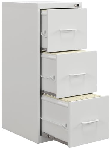 HOMCOM 3 Drawer Filing Cabinet, Vertical File Cabinet with Adjustable Hanging Bar for A4 and Letter Size, Steel Printer Stand for Home Office, Cream White