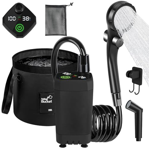 BORDEAG Doccia da campeggio portatile con batteria da 6000 mAh ricaricabile, doccia da campeggio con pompa, soffione doccia, secchio pieghevole, esterno per lavaggio auto, viaggi, spiaggia, campeggio