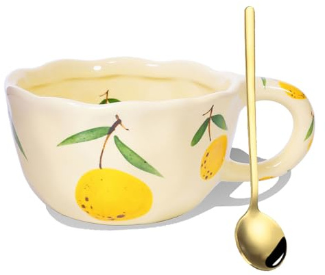 Kaffeetasse aus Keramik, 250 ml, süße Kaffeetasse mit Blumenmuster, Retro-Blumentasse mit Henkellöffel, unregelmäßige Latte-Art-Tasse, für Büro und Zuhause, mikrowellenfest (Zitrone)