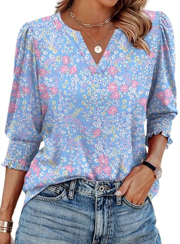 Aokosor Womens 3/4 Sleeve Tops Ladies Blouses V Neck T Shirts Puff Sleeve Tunic Curved Hem Office Wear Size 14-16 Blue Pink Floral