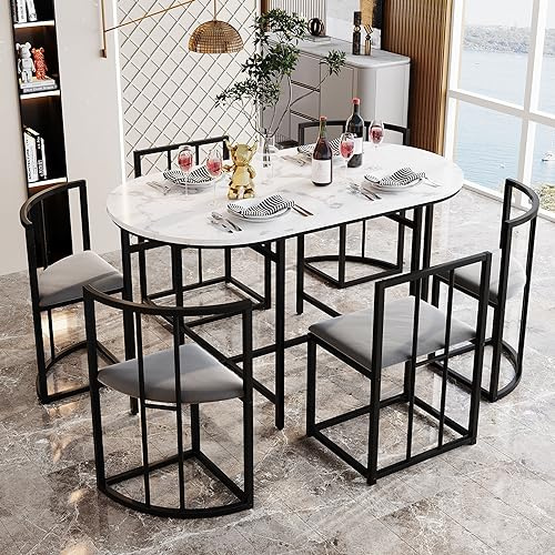 DRIXNO Sechs-Stuhl Esstischset:(Weißer Tisch, Stühle mit Rückenlehnen und grauen Polstern, Schwarzfarbenes Eisengestell),Schwarz+Gray+Weiß