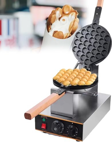 Commercial Stainless Steel Bubble Waffle Maker, 1400W High Power with Wooden Handle, Adjustable Temperature for Easy Cleaning, Perfect for Snack Shops and Home Use