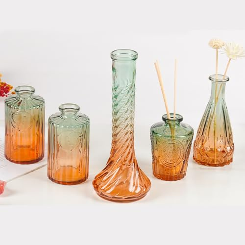 Glass Bud Vases Set of 5,Decorative Flower Vase Retro Gradient Color | Mini Vase for Tabletop Centrepiece Decor Bottles, Wedding Party Reception, Home Dining, Cafe, Restaurant(Orange to Green)