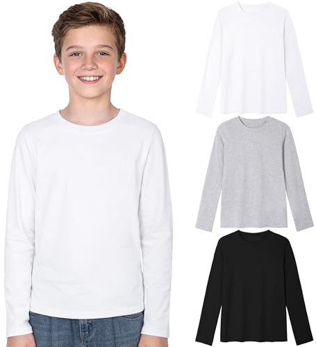 KEREDA 3er-Pack Langarmshirt Jungen Longsleeve Kinder Baumwolle Unterhemd | Unisex Langarm T-Shirt, Bequemes Top Shirt, Geeignet Für Teenager Mädchen, Passend 5-14 Jahre,Waschfest, Atmungsaktiv