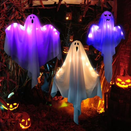 Halloween Decorative Ghost, Pack of 3 Hanging Ghost with Light, LED Ghost Windsocks Decoration (Purple Light, Blue Light, Warm Light), for Halloween, Indoor, Outdoor, Garden
