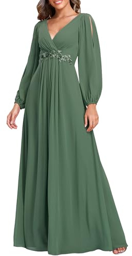 Ever-Pretty Abito da Sposa Premaman, Taglia Forte, Lungo, Maniche Lunghe, Scollo A V, in Mussola, con Applicazione Plissettata Verde eucalipto 40