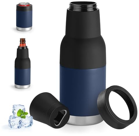 Upgrade 3 in 1 Insulated Universal Can Cooler - Double Walled Vacuum Insulator Stainless Steel Slim Can Cooler for Skinny Tall Standard Regular Beer Bottle (Navy Blue, 12oz)
