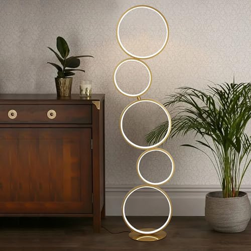 SUNLLOK Moderne 5 Ringe Gold Dimmbare LED Stehlampe für Wohnzimmer, Industrielle Kreis Stehlampe mit Schalter, Hoch Lese Schreibtisch Licht Dekoration für Küche Insel Schlafzimmer Büro Restaurant