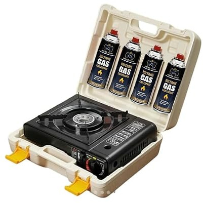 Portable Gas Stove with Carry Case & 4 Butane Gas Canisters – Outdoor Camping Cooker | Dual Fuel Support (Butane & LPG) | Picnic, BBQ, Travel, Emergency Use