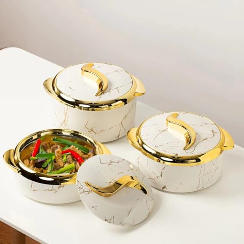 Luxury Marble Pattern Food Warmers with Gold Trim, White Ceramic Chafing Dishes, Set of 3