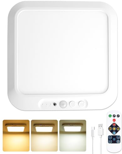 Lustaled Plafón LED con Sensor de Movimiento Recargable y Mando, Luz de Techo Magnética Sin Cables, 3 Temperaturas de Color y Regulable, Temporizador para Baño, Escaleras, Pasillo, Garaje y Armario