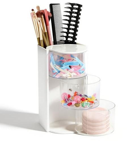 BSTDAYEVER Sminkbord arrangör hårsnodd förvaring 180° vridbar kosmetikaarrangör smycken 3 lager makeup arrangör hårborstar vita plasttillbehör sminkbord flickor