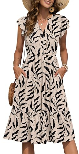 PLMOKEN Sommerkleid Damen Midi V-Ausschnitt Empire Elegant Kleider