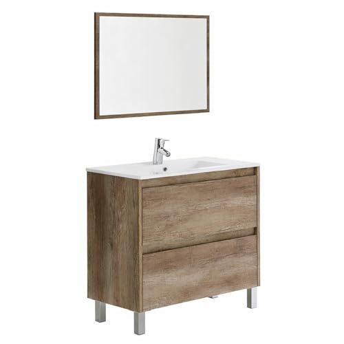 Arreditaly Mobile Bagno A Terra Con Lavabo In Ceramica E Specchio Coordinato Mobiletto Con Lavandino E 2 Cassettoni Ammortizzati Design Minimal 80 x 45 x 80 Cm Colore Quercia