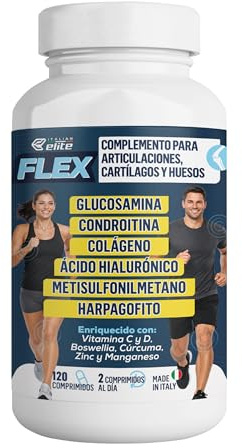 Italian Elite® Flex Articulaciones, Huesos y Cartílagos. Complemento Alimenticio con Glucosamina, Condroitina, MSM, Colágeno, Ácido Hialurónico, Harpagofito, Cúrcuma, Vitaminas y Minerales. 120 comp. | Con glucosamina, condroitina, MSM, colágeno, ácido hialurónico, cúrcuma, garra del diablo, zinc, vitaminas y minerales