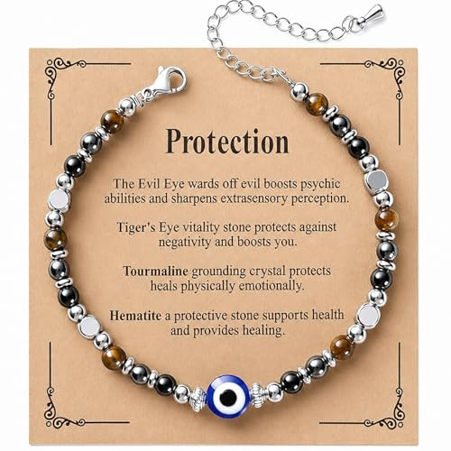 Zirax Natural Stone Crystal Bracelet for Women Girls, Triple Protection Evil Eye Beaded Bracelets with Protection Card, Adjustable Gemstone Healing Jewelry Birthday Gifts for Mum Friends