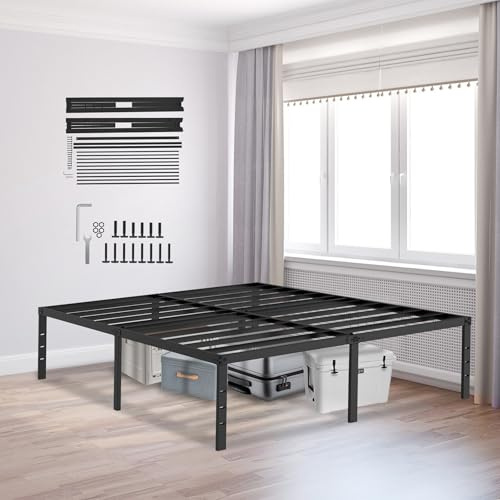 HENGMEI Metallbett Bettgestell 140x200 cm Schwarz, Bettrahmen Aus Metall Mit Lattenrost, Geräuschfrei, Hohe Stabilität, Minimalistisches Jugendbett Mit Stauraum Für Schlafzimmer