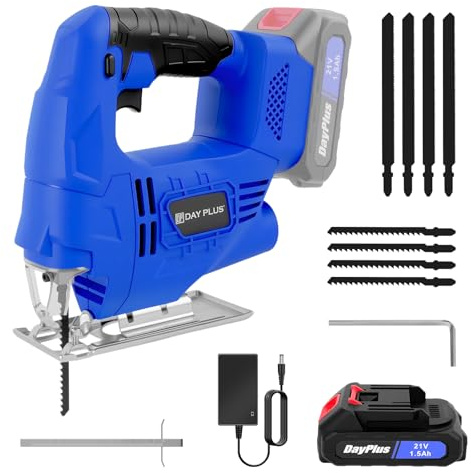 Upgraded Electric Jigsaw Tool, 400W 3000 SPM 21V Cordless Jigsaw with Battery and Fast Charger, LED Light, 8PCS Blades, -45° to +45° Bevel Cutting Powerful Jig Saw Cutter for Wood Metal Cutting,Blue