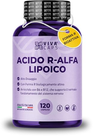 Acido r alfa lipoico alto dosaggio 650mg 120 cps 1 al giorno per 4 mesi | Acido alfa lipoico con vitamina b6 e vitamina b12 supporto antiossidante - Made in Italy