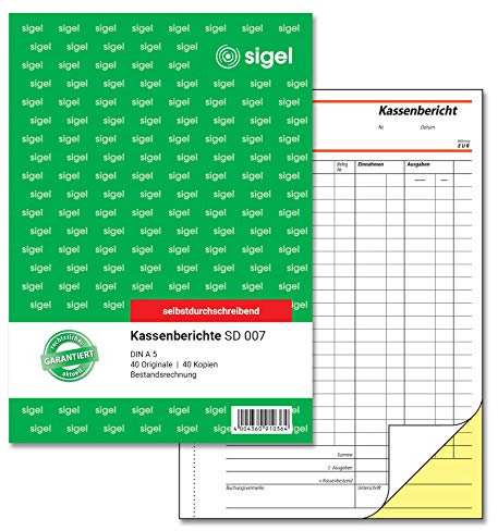 SIGEL SD007 Kassenbericht / Bestandsrechnung A5, 2x40 Blatt, selbstdurchschreibend, 1 Stück, mikroperforiert, mit Abheftlochung, aus nachhaltigem Papier