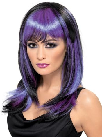 Smiffys Perücke Glamour-Hexe, Schwarz und Purpur, Lang mit Fring Halloween
