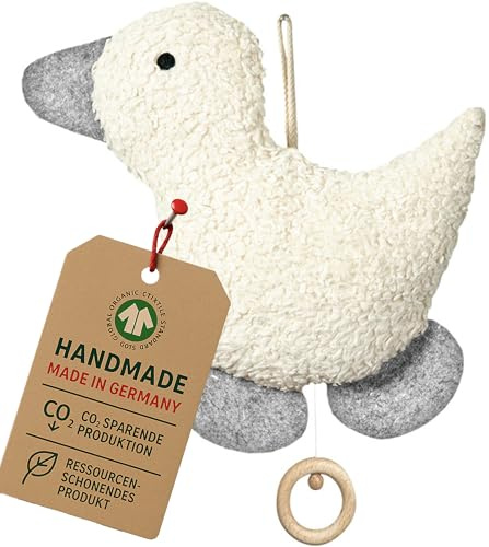 Efie Bio-Spieluhr Ente - handgefertigt in Deutschland -100 % Baumwolle (kbA), Füllung Schurwolle (kbT) -nachhaltiges Babyspielzeug - GOTS-zertifiziert - Melodie Mozart (Schlafe mein Prinzchen)