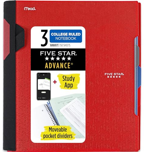 Five Star Advance 73134 Carnet à spirales avec application d'étude, 3 sujets, papier ligné universitaire, 27,9 x 21,6 cm, 150 feuilles, avec protège-spirale et séparateurs mobiles, rouge feu