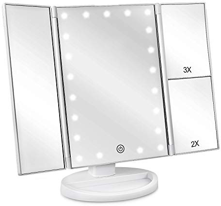 Espejo de Maquillaje con LED, Iluminado Espejo de Mesa Luz con Ampliación 1X / 2X / 3X Plegable Espejo de la Vanidad Rotación 180° Pantalla Táctil Espejo Cosmético para Hombre y Mujer