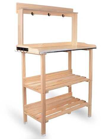 Holz Pflanztisch 78x36x131 cm für Garten Terasse Balkon mit Zinkplatte Gartentisch 2 Ablagen Wetterfest Pflanzregal (Natur)