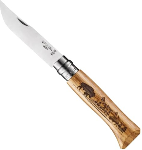 OPINEL No.08 Engraved Oak Handle Folding Knife, Animalia Collection, Stainless Steel Blade, Made in France (Bison)