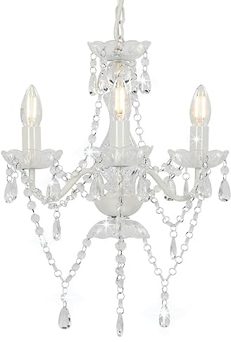 vidaXL Lampadario con Perle di Cristallo Rotondo 3 Lampadine E14 Lampada Soffitto Luce Pendente Base in Metallo Bianco Gocce Acrilico Trasparente