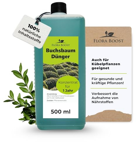 Konfitee Buchsbaum Dünger Flora Boost 500ml I Für bis zu 100L Gießwasser I Für kräftige Blätter & Schutz gegen Schädlinge I Flüssiger Blatt- & Wurzeldünger I 100% natürlicher Pflanzendünger