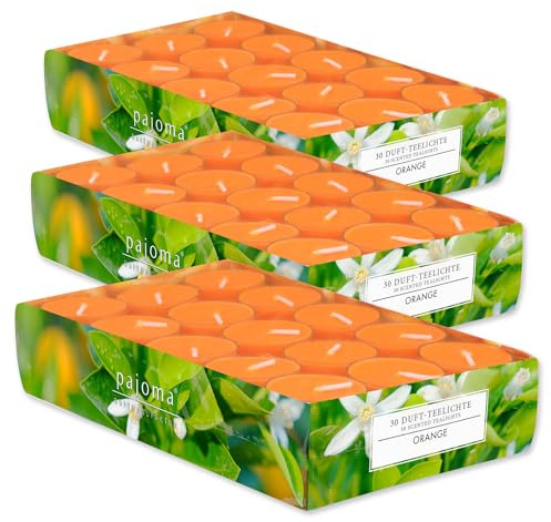 pajoma® värmeljus 3-pack, orange | 90 doftlampor i polykarbonatfodral, brinntid ca 4 timmar – höjd 1,5 cm ø 3,5 cm | premiumkvalitet | dekoration, gastronomi, utomhus, vindglas, bröllop