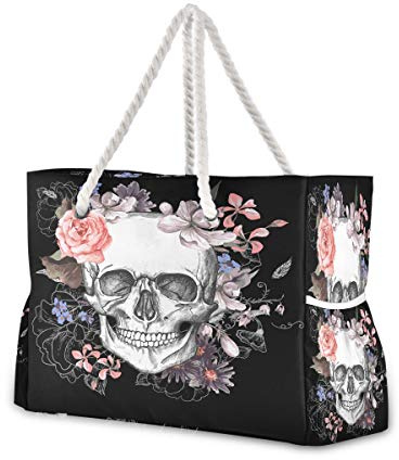 Mnsruu Strandtasche XXL Day of the Dead Skull Schulter Strandtasche Baumwolle Seil Griffe Reise Tote Tasche für Frauen