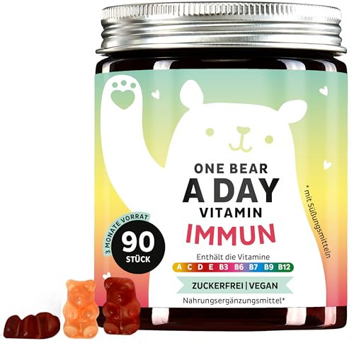 Multivitamin-Gummibärchen One Bear A Day – Vitamin A, Niacin, Vitamin B6, B7, B12, Vitamin C, Vitamin D, Vitamin E & Folsäure – 90 Stück (3-Monatsvorrat), Vegan, Zuckerfrei, Bears with Benefits