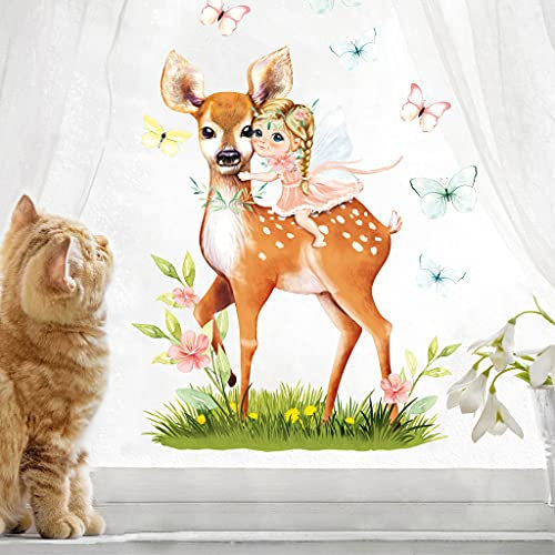 Fensterbild Frühling Ostern wiederverwendbar Fensteraufkleber Kinderzimmer / 4. Mädchen auf Reh (13091) / 3. A2 Bogen