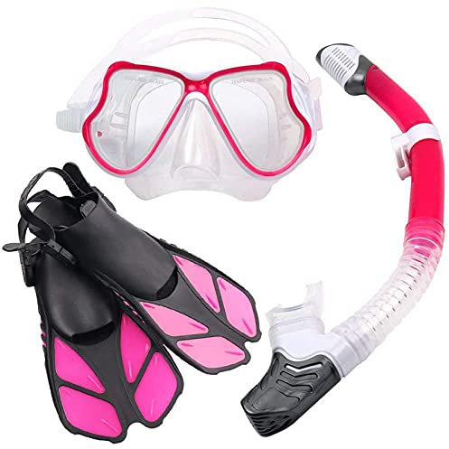 HGYJ Schnorchelpakete für Erwachsene, vollständig trockenes Schnorchelsystem + verstellbare Flossen + HD-Silikon-Tauchmaske, für Outdoor-Tauchen für Damen/Herren.,Red,ML/XL