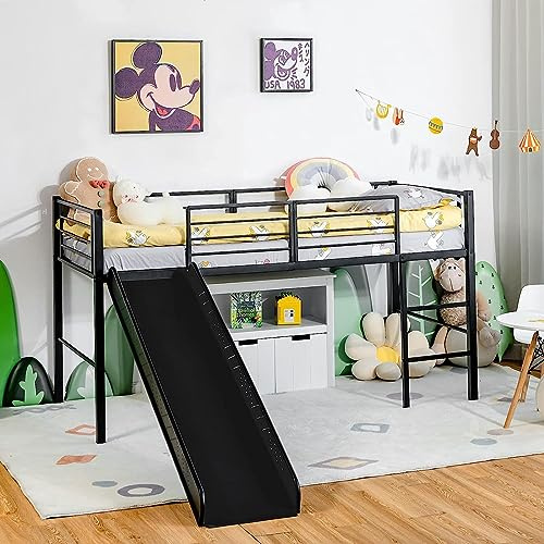 COSTWAY Hochbett mit Rutsche und Leiter, Kinderbett mit Lattenrost & Rausfallschutz, aus Metall, für Jungs & Mädchen, 198 x 96 x 109 cm, Schwarz