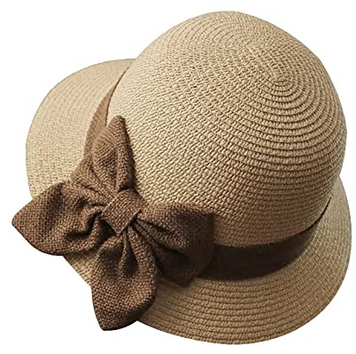 JIHUOO Cloche di Paglia a Bombetta Estivo, Cappello da Chiesa del Sole Anni '20 a Secchiello Vintage, Pieghevole con Fiocco per le Donne