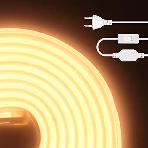 HEGEHE 230V COB Neon LED Streifen mit Schalter, IP65 Wasserdicht Superhell Hohe Dichte 288leds/m Flex LED Lichtband für Innen Aussenbereich Festival DIY Deko (Warmweiß, 5M)