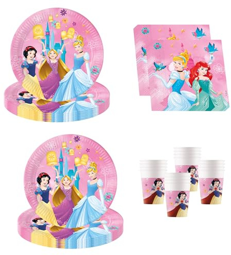 Procos - Disney Prinzessinnen Geburtstagsdeko, 52-Teilig, Pappteller, Becher und Servietten für Kindergeburtstag, Partygeschirr