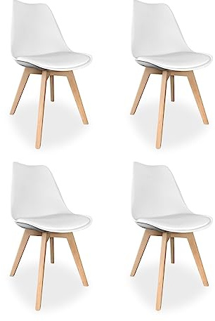 Homey, Pack de 4 Sillas Escandinavas Acolchadas para Cocina, Salón o Comedor, Modelo Sena, Patas de Madera, Prácticas y Funcionales, Fácil Montaje, Color Blanco