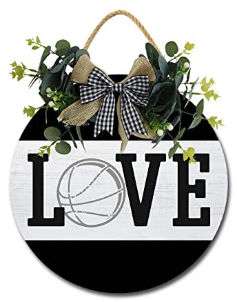 Front Door Porch Decorations Love Basketball Door Hanging Sign 11 inch Wooden Wall Sign, Rustic Holiday Wreath Decor for Front Door Porch Home Window Wall Farmhouse Decorations