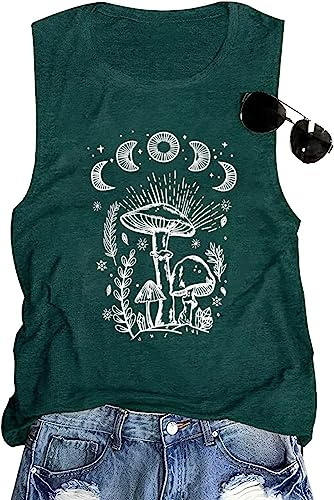 Mushroom Moon Graphic Tees Women Botanical T Shirt Adventure Tanks(Green L)