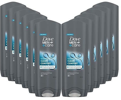 12x Dove Men+Care 3-in-1 Duschgel Clean Comfort Duschbad für Körper, Gesicht und Haar mit 24 Stunden Pflege Effekt 250 ml