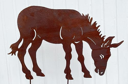STEINFIGURENWELT GIEBEN Esel grasend 44x70cm zum Stecken Gartenstecker Edelrost Gartendeko Wetterfest Rost Gartenfigur Metall Rostfigur Pony Pferd Tier